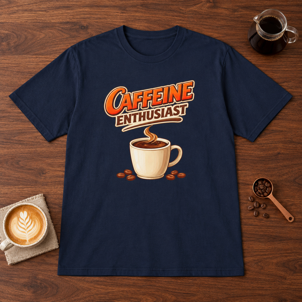 Caffeine Enthusiast - Cup T-Shirt Navy coffee bar mockup