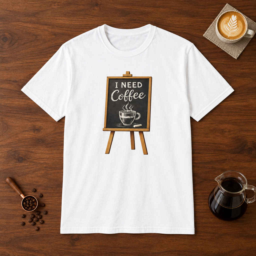 I Need Coffee T-Shirt White flat lay on walnut coffee bar