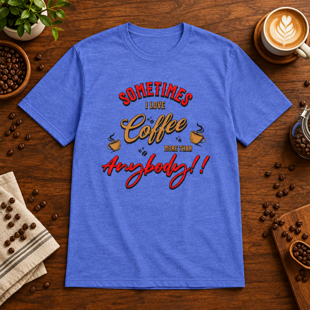 Sometimes I Love Coffee T-Shirt Heather Royal on warm coffee bar