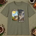 Coffee vs Reality T-Shirt in Black, zoomed lifestyle mockup