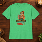 Barista Level T-Shirt in Heather Irish Green, overhead coffee-bar flat-lay mockup