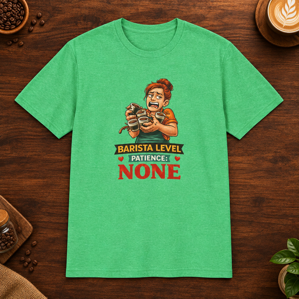 Barista Level T-Shirt in Heather Irish Green, overhead coffee-bar flat-lay mockup