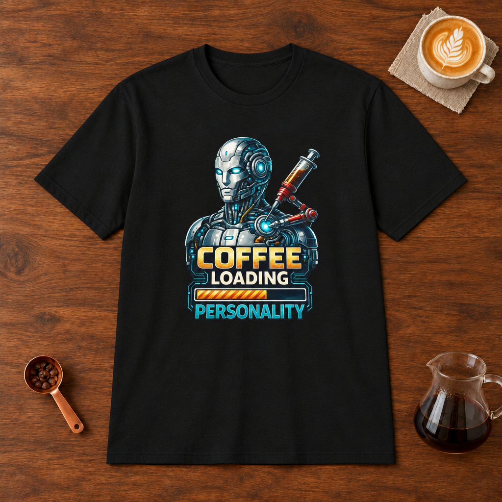 Coffee Loading Personality T-Shirt Black flat lay on walnut coffee bar