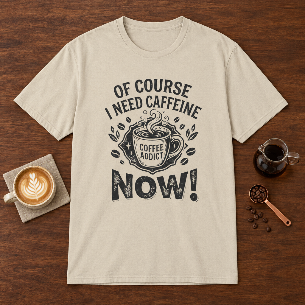 Of Course I Need Caffeine T-Shirt Sand coffee bar mockup