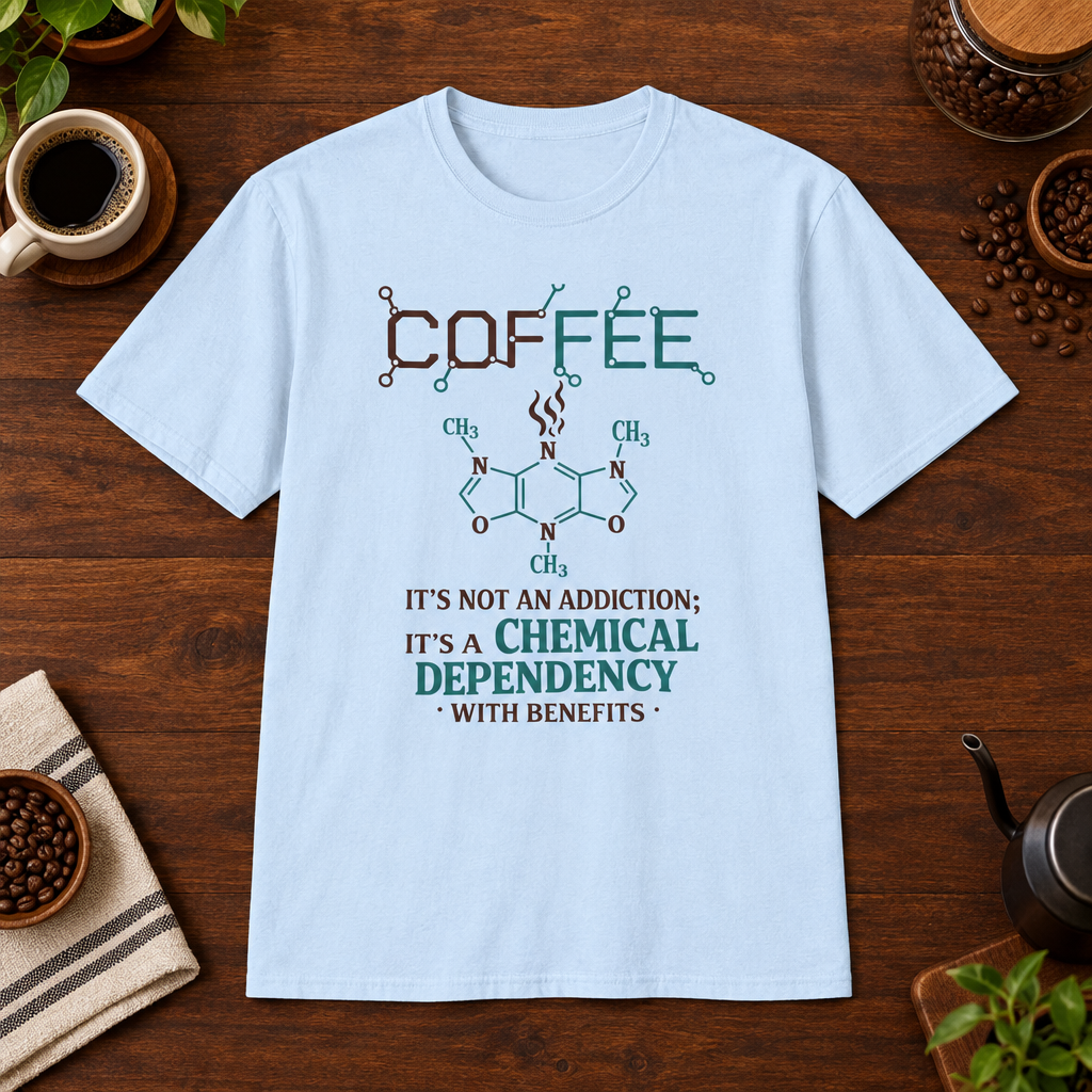 Coffee Dependency T-Shirt Light Blue short-sleeve coffee-bar flat lay