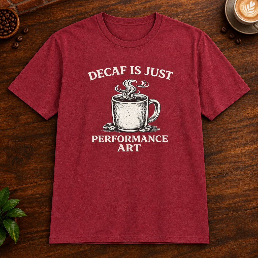Decaf is Just Performance Art T-Shirt in Antique Cherry Red, close-up on dark wood coffee bar
