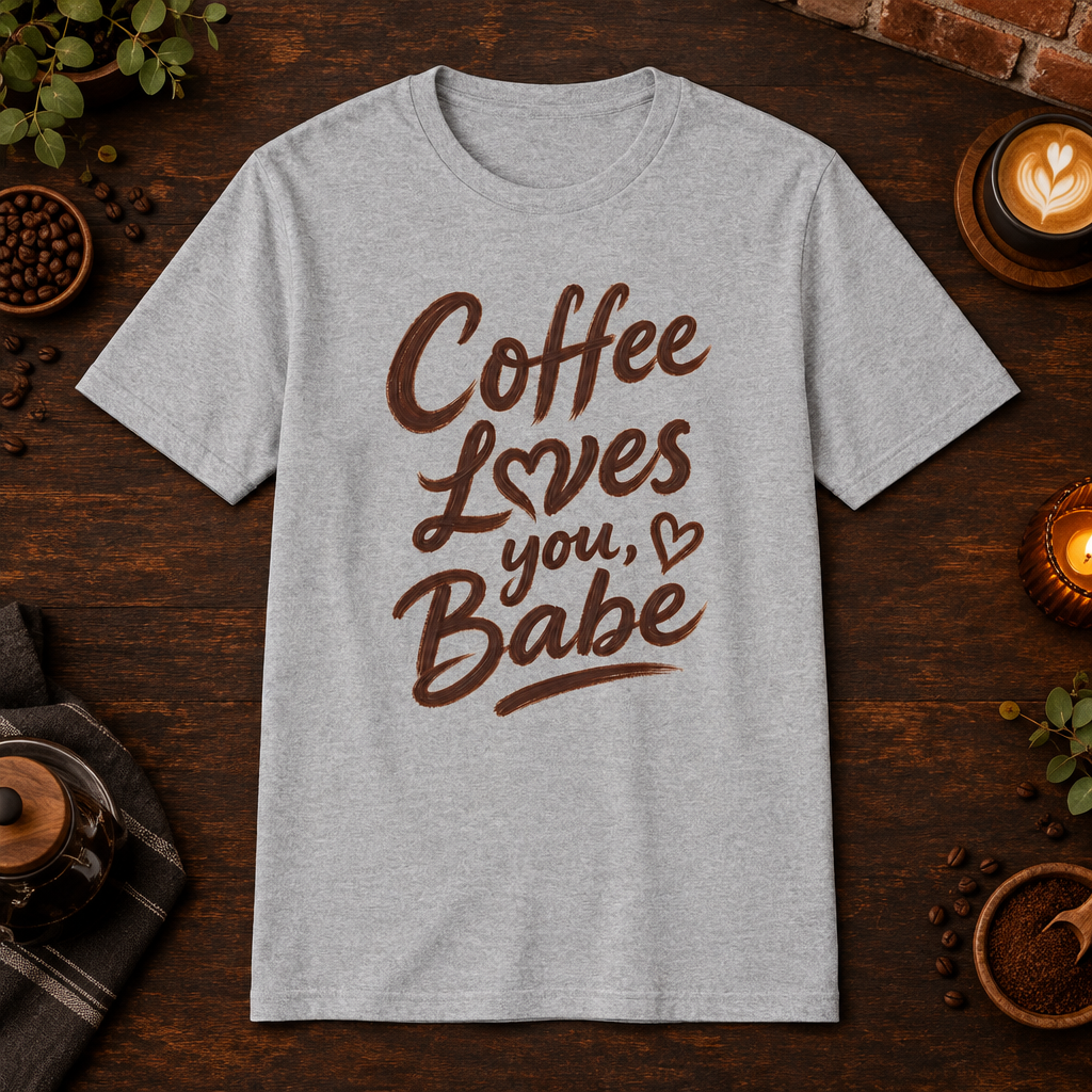 Coffee Loves You, Babe T-Shirt in Sport Grey, coffee bar flat lay mockup