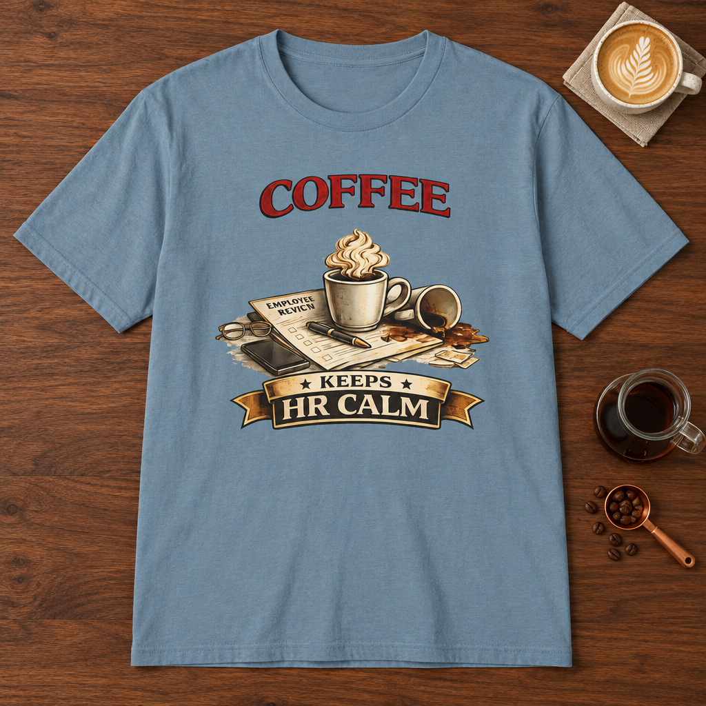 Coffee Keeps HR Calm T-Shirt Stone Blue coffee bar mockup