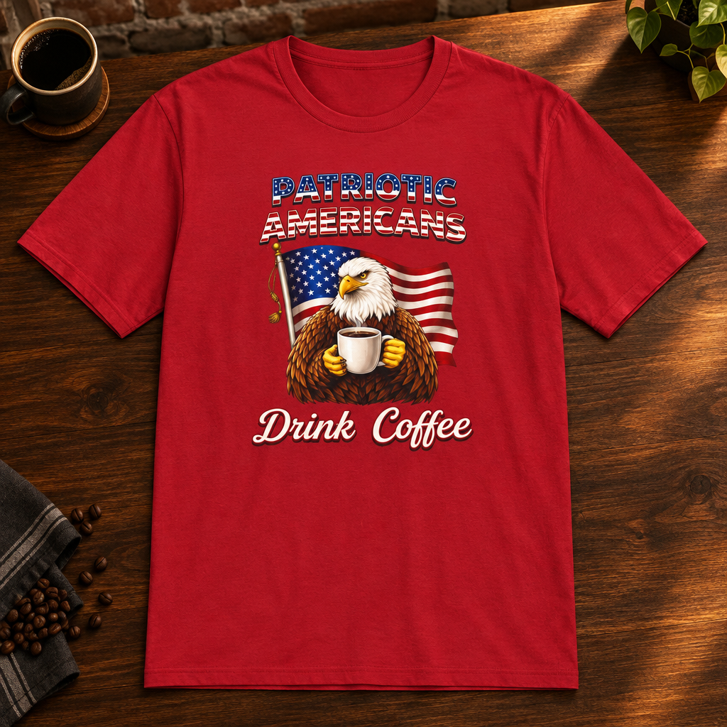 Patriotic Americans T-Shirt Cherry Red close-fill short-sleeve coffee-bar flat lay