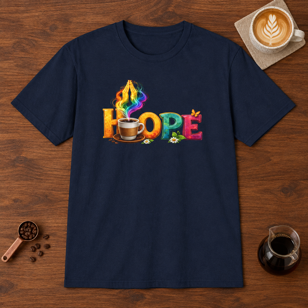 Hope T-Shirt Navy coffee bar mockup