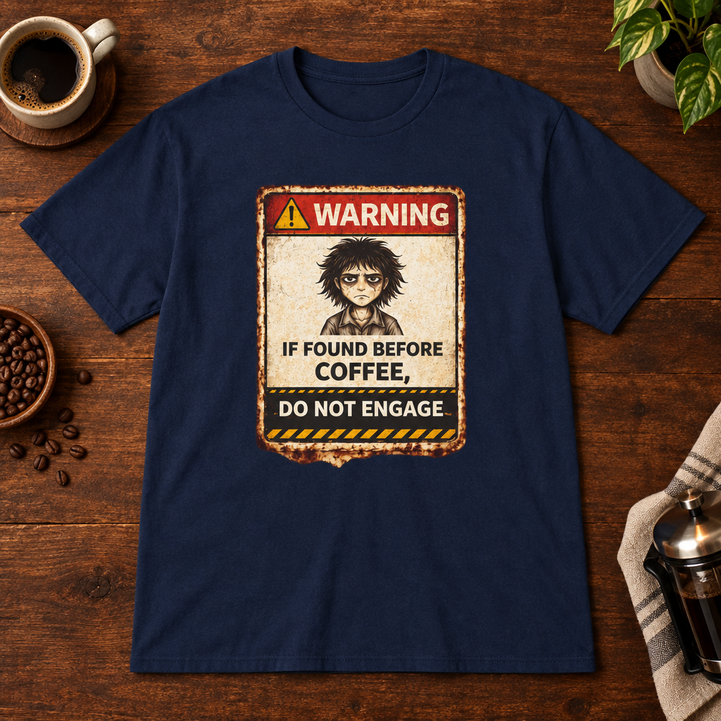 Warning T-Shirt Navy short-sleeve coffee-bar flat lay