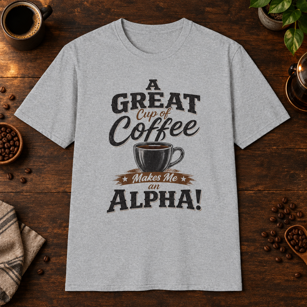 A Great Cup of Coffee T-Shirt in Sport Grey, overhead coffee-bar flat-lay mockup