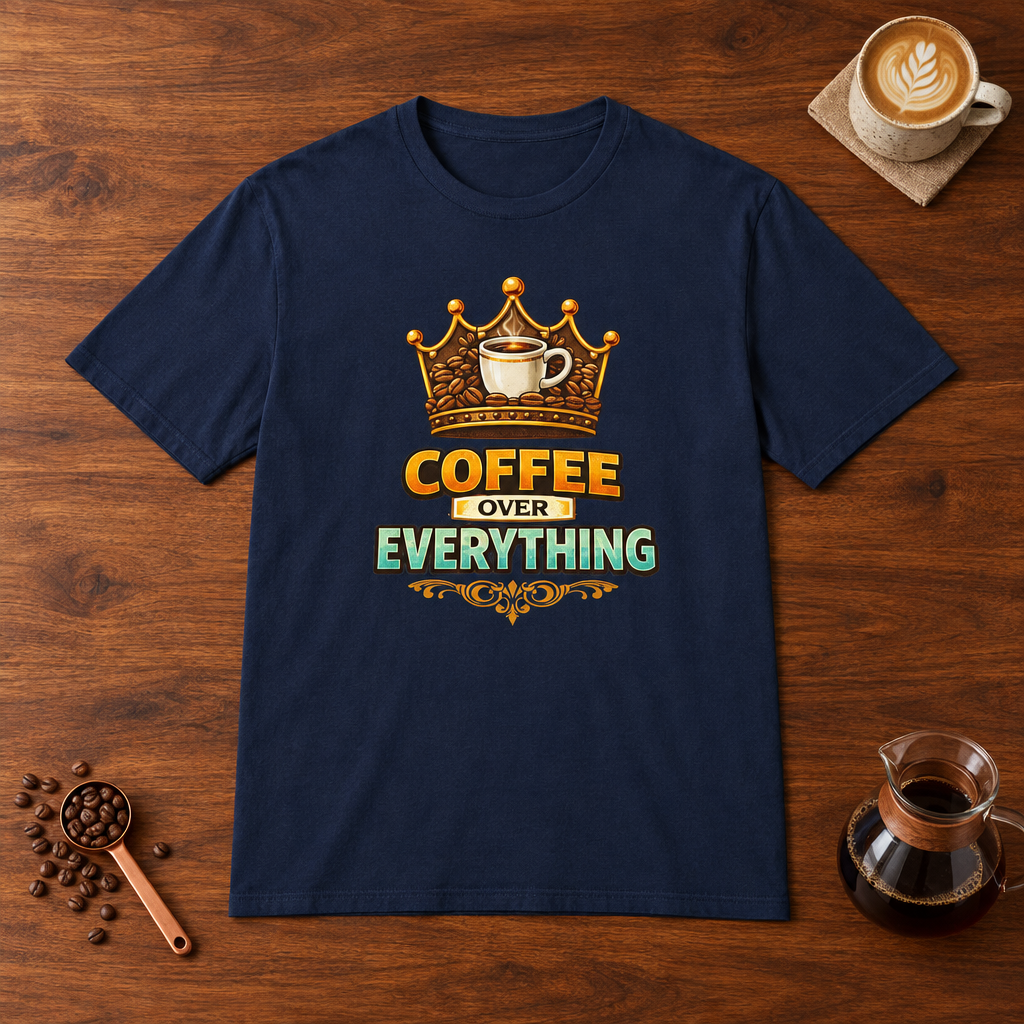 Coffee Over Everything T-Shirt Navy flat lay on walnut coffee bar