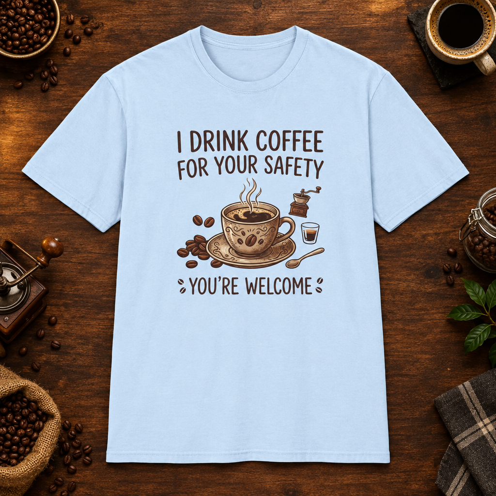I Drink Coffee for Your Safety T-Shirt in Light Blue, overhead coffee-bar flat-lay mockup