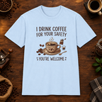 I Drink Coffee for Your Safety T-Shirt in Light Blue, overhead coffee-bar flat-lay mockup