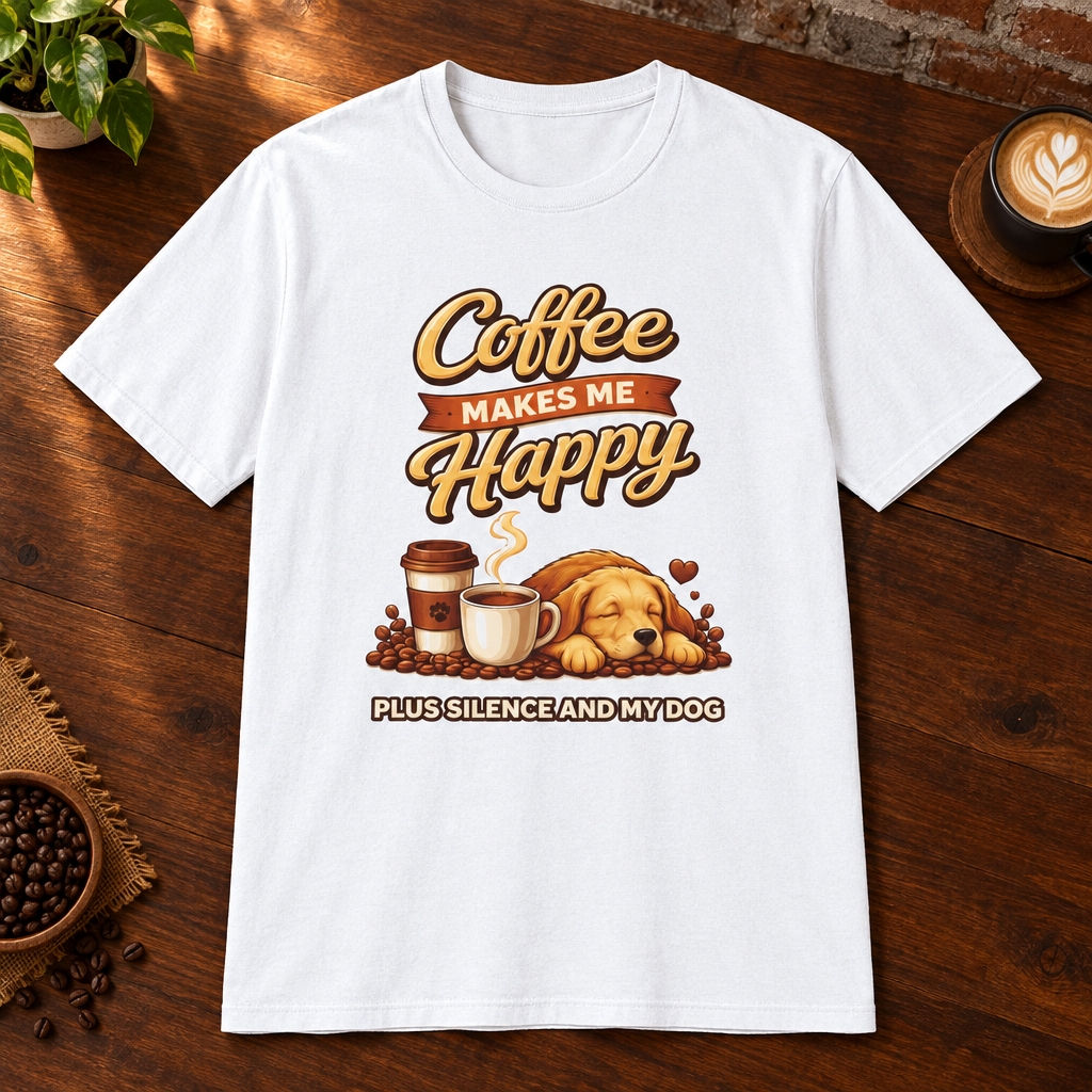 Coffee Makes Me Happy T-Shirt White close-fill short-sleeve coffee-bar flat lay