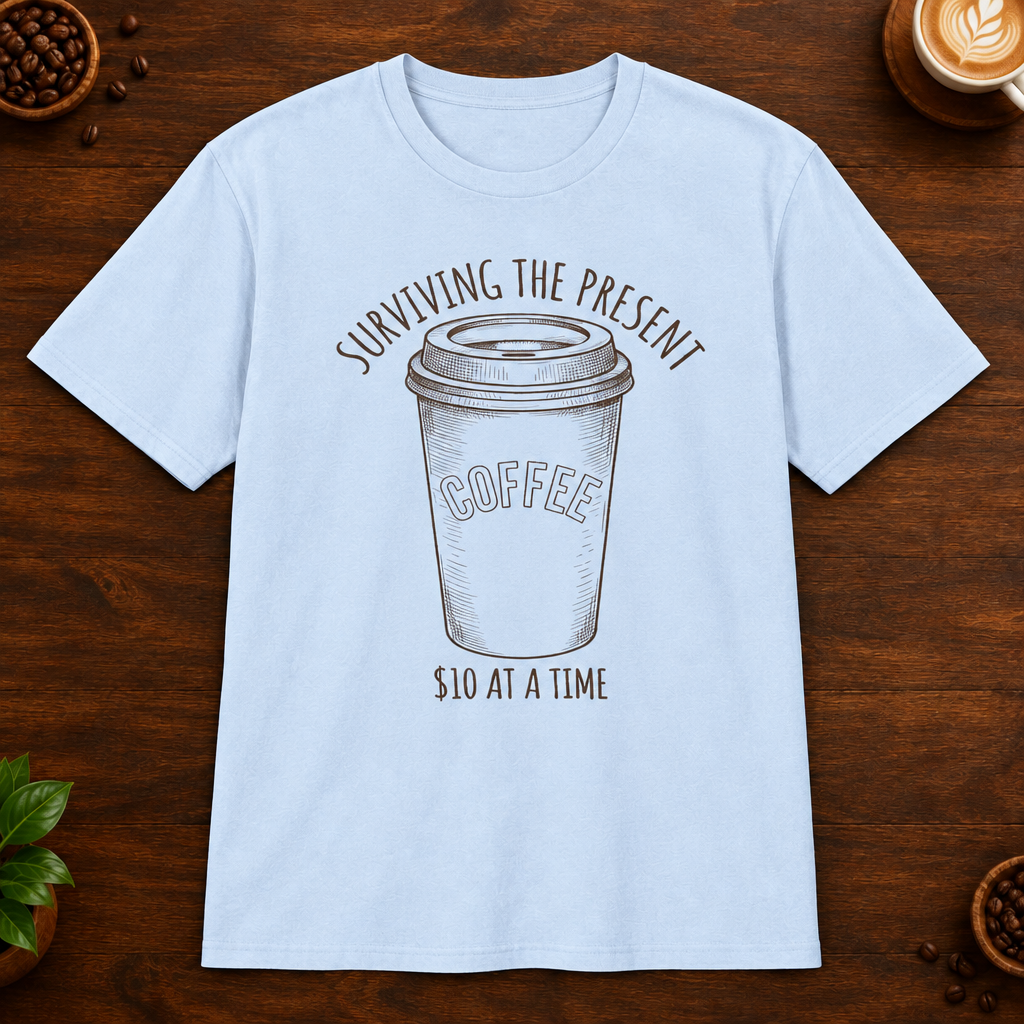 Surviving the Present T-Shirt in Light Blue on a dark wood coffee bar
