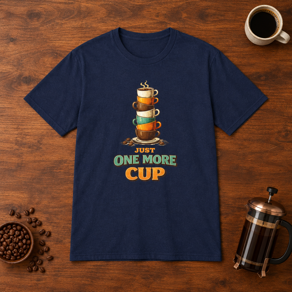 Just One More Cup T-Shirt Navy coffee-bar flat lay