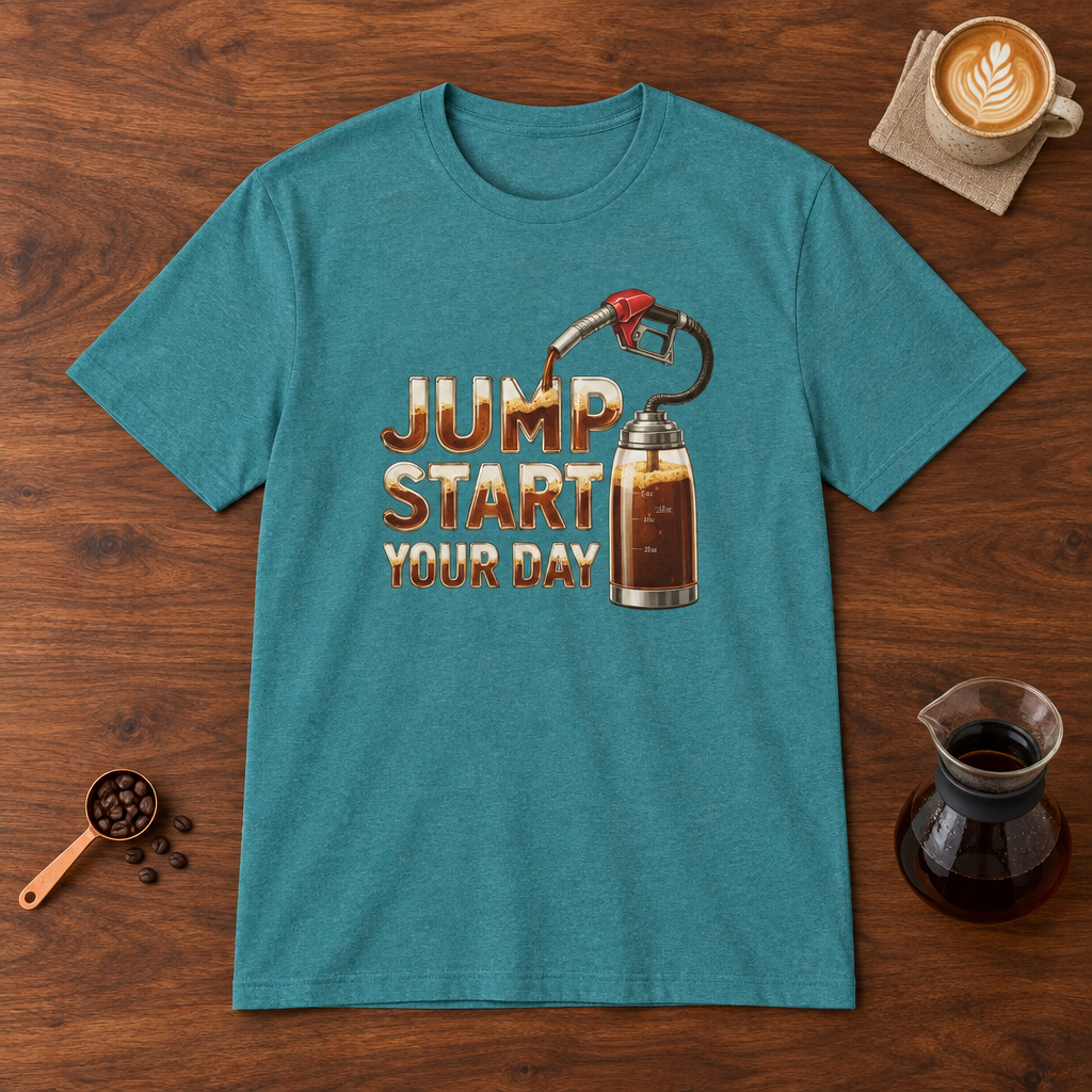 Jump Start Your Day T-Shirt Heather Galapagos Blue flat lay on walnut coffee bar