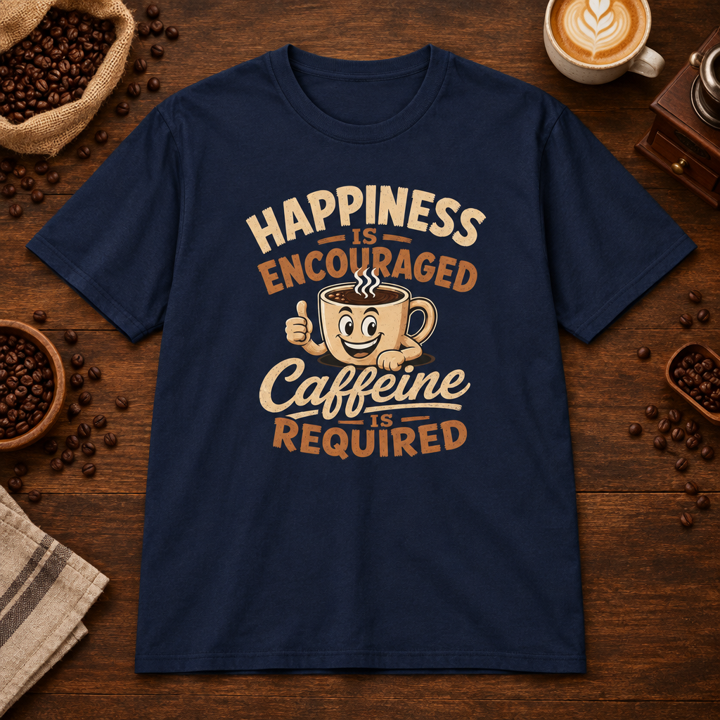 Caffeine is Required T-Shirt Navy on warm coffee bar