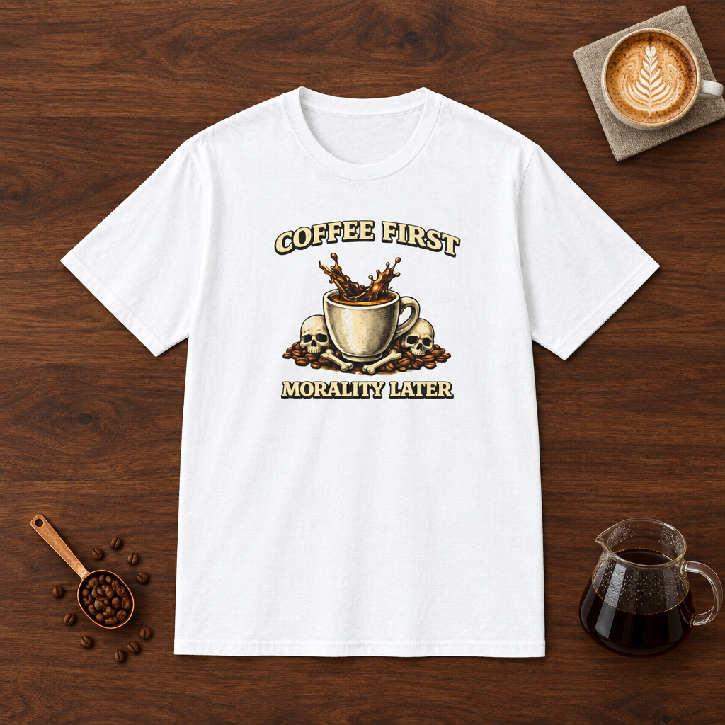 Coffee First Morality Later T-Shirt White flat lay on walnut coffee bar