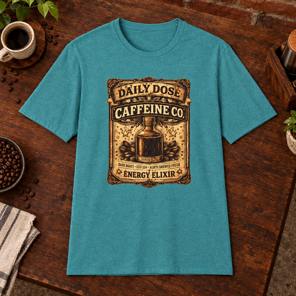 Daily Dose T-Shirt Heather Galapagos Blue close-fill short-sleeve coffee-bar flat lay