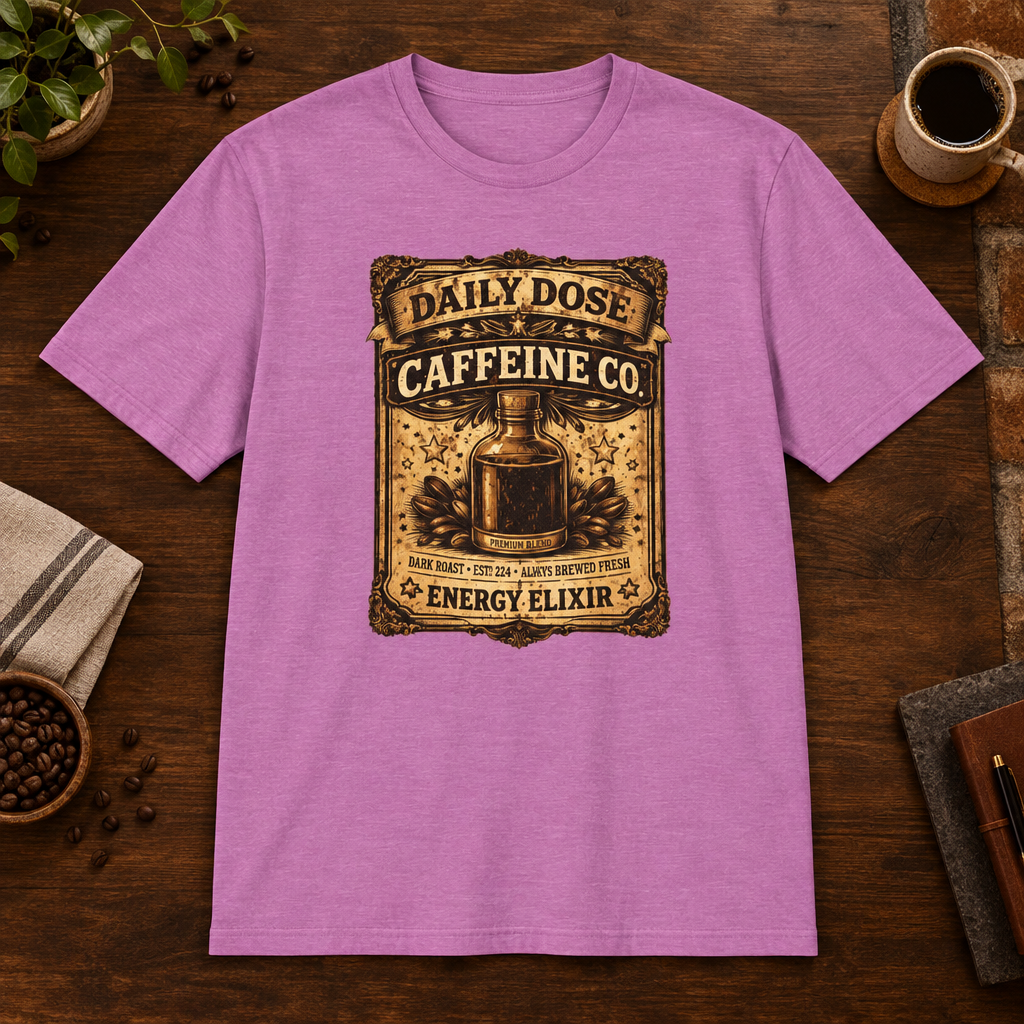 Daily Dose T-Shirt Heather Radiant Orchid close-fill short-sleeve coffee-bar flat lay