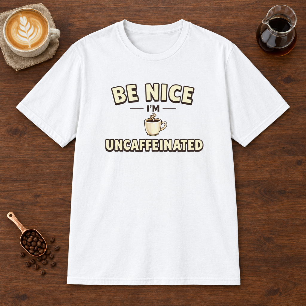 Be Nice I'm Uncaffeinated T-Shirt White coffee bar mockup