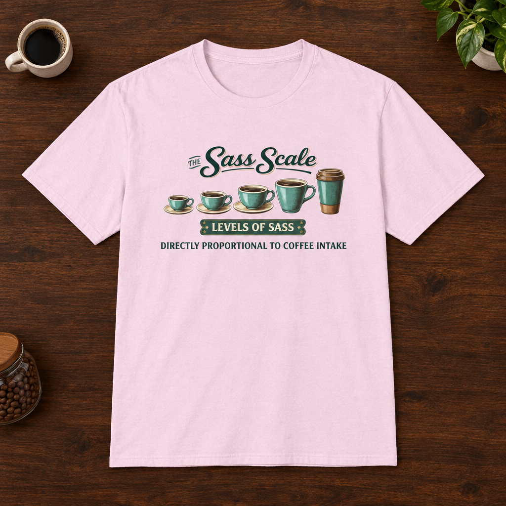 Sass Scale T-Shirt Light Pink short-sleeve coffee-bar flat lay