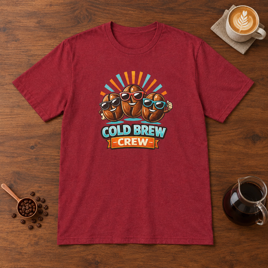 Cold Brew Crew T-Shirt Antique Cherry Red flat lay on walnut coffee bar
