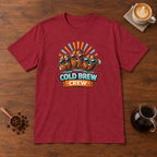 Cold Brew Crew T-Shirt Antique Cherry Red flat lay on walnut coffee bar