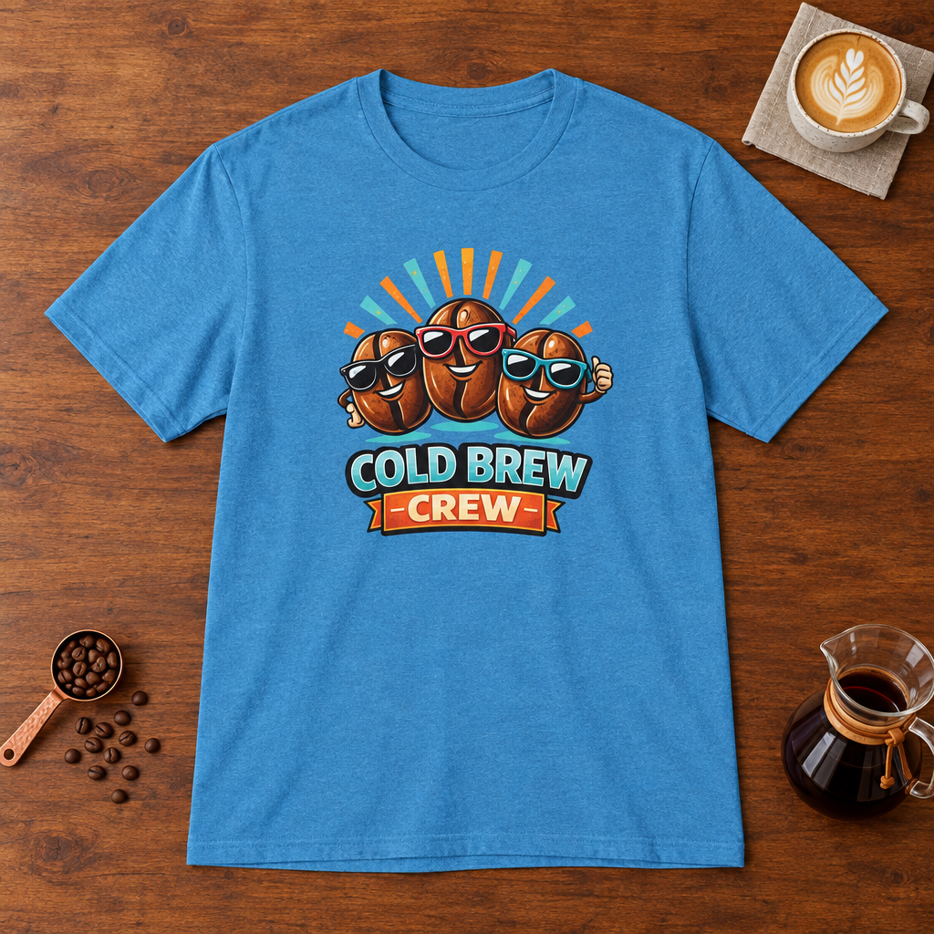 Cold Brew Crew T-Shirt Heather Sapphire flat lay on walnut coffee bar