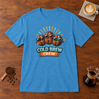 Cold Brew Crew T-Shirt Heather Sapphire flat lay on walnut coffee bar