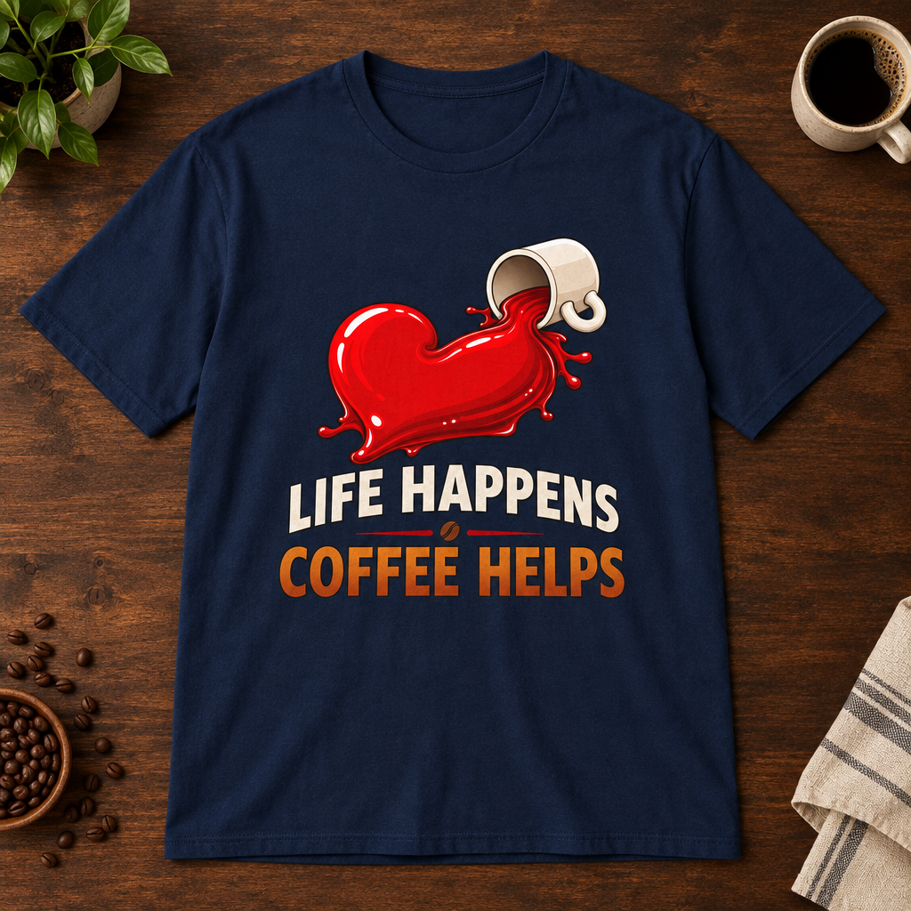 Life Happens T-Shirt Navy coffee-bar flat lay