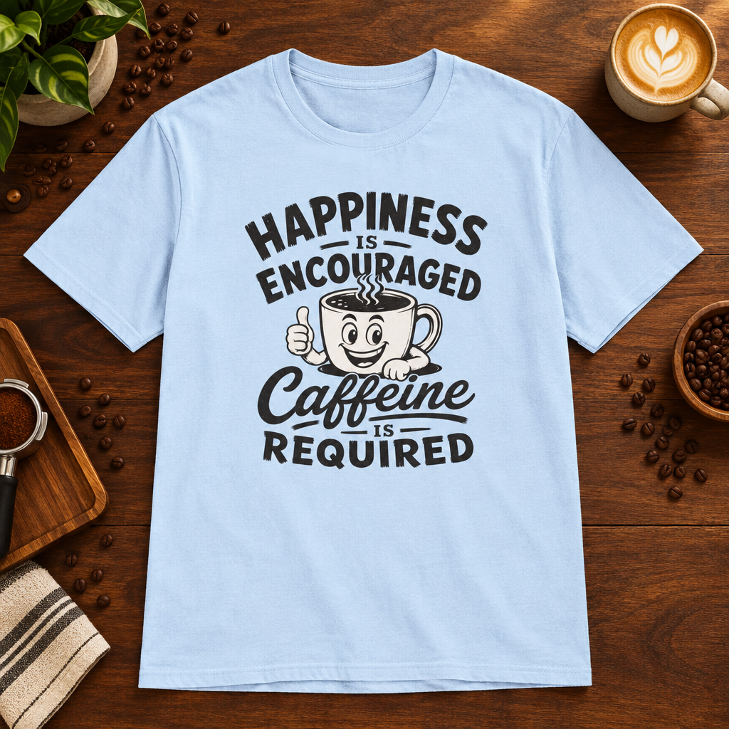 Caffeine is Required T-Shirt Light Blue on warm coffee bar