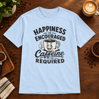 Caffeine is Required T-Shirt Light Blue on warm coffee bar
