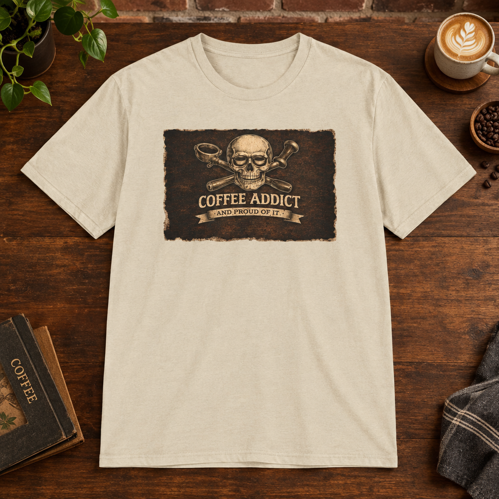 Proud Coffee Addict T-Shirt Sand close-fill short-sleeve coffee-bar flat lay
