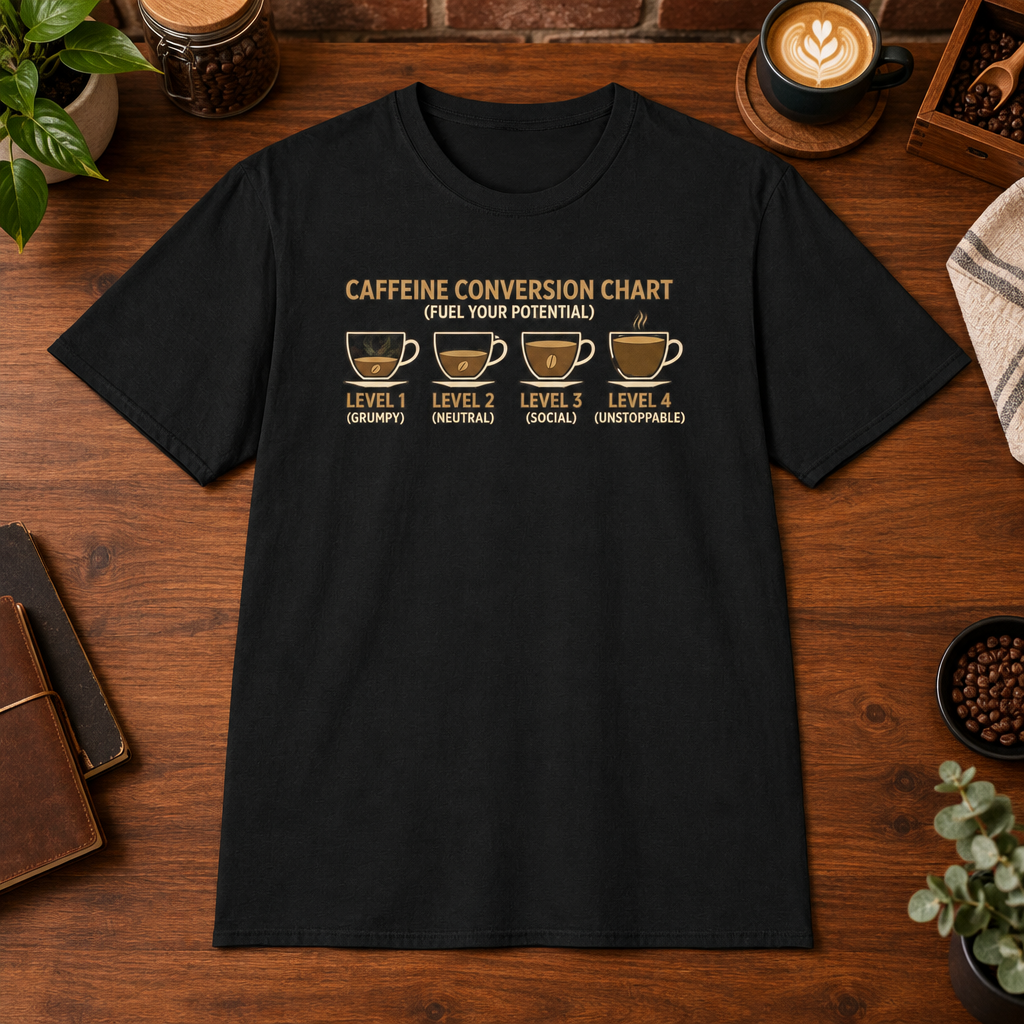 Caffeine Conversion T-Shirt Black close-fill short-sleeve coffee-bar flat lay