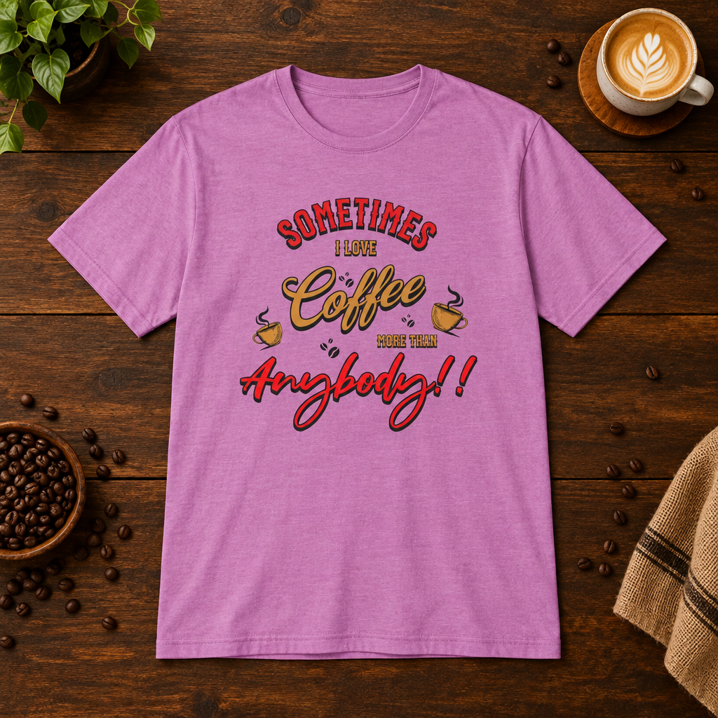 Sometimes I Love Coffee T-Shirt Heather Radiant Orchid on warm coffee bar
