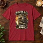 I Am Happy T-Shirt Antique Cherry Red on warm coffee bar