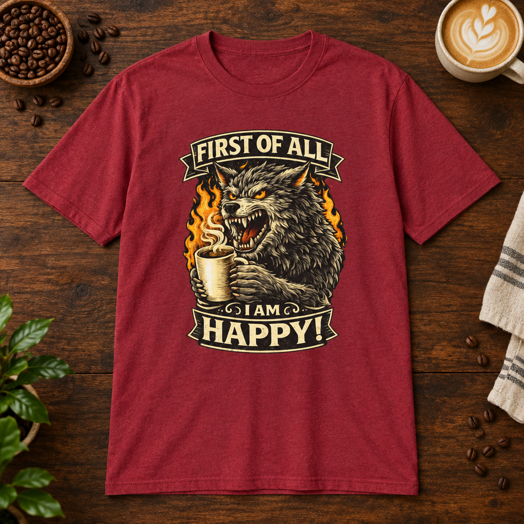 I Am Happy T-Shirt Antique Cherry Red on warm coffee bar