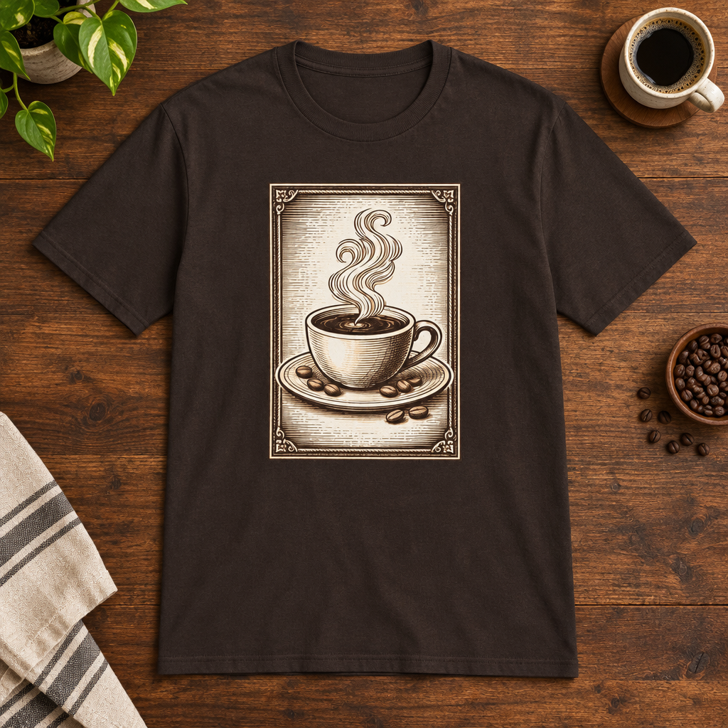 Coffee Woodcut T-Shirt Dark Chocolate short-sleeve coffee-bar flat lay
