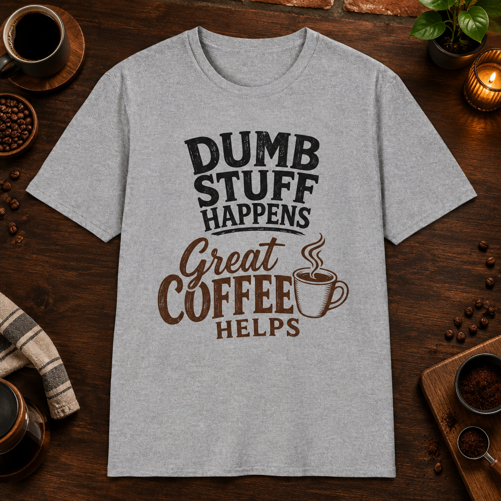 Dumb Stuff Happens T-Shirt in Sport Grey, overhead coffee-bar flat-lay mockup