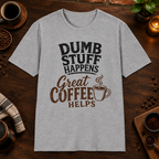 Dumb Stuff Happens T-Shirt in Sport Grey, overhead coffee-bar flat-lay mockup