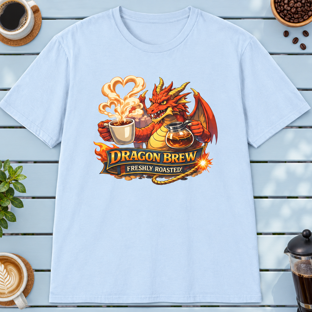Dragon Brew T-Shirt in Heather Indigo, zoomed lifestyle mockup