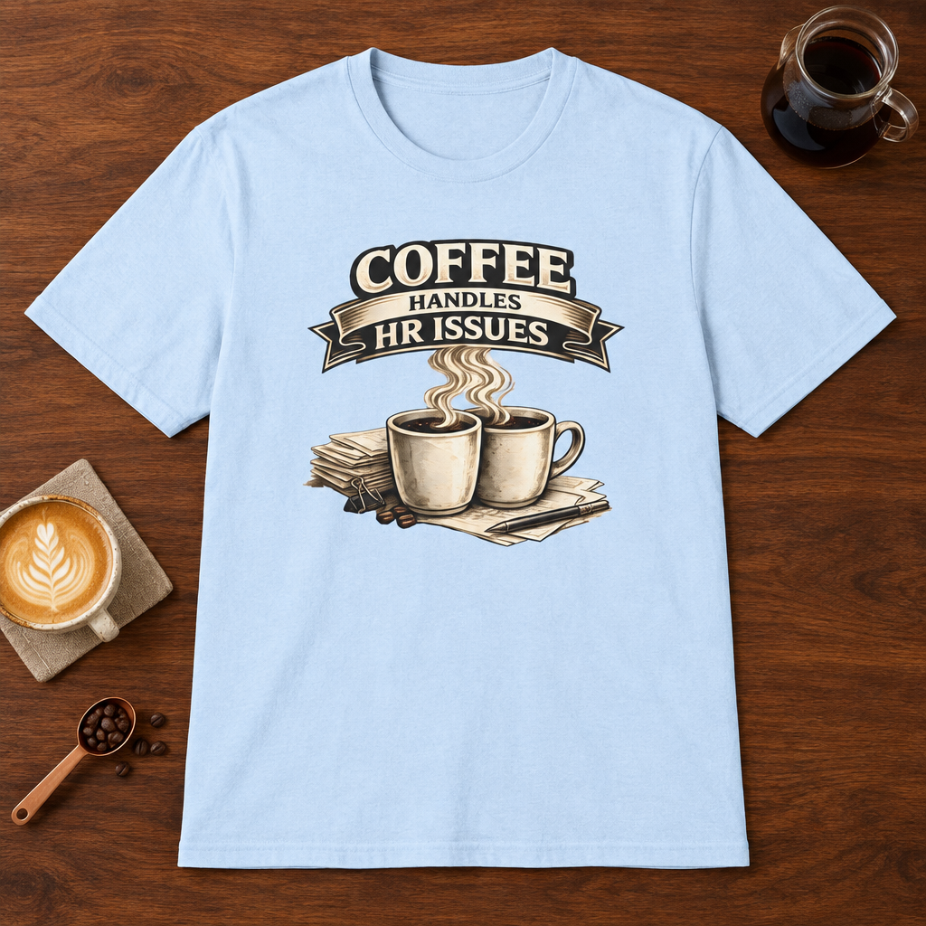 Coffee Handles HR Issues T-Shirt Light Blue coffee bar mockup