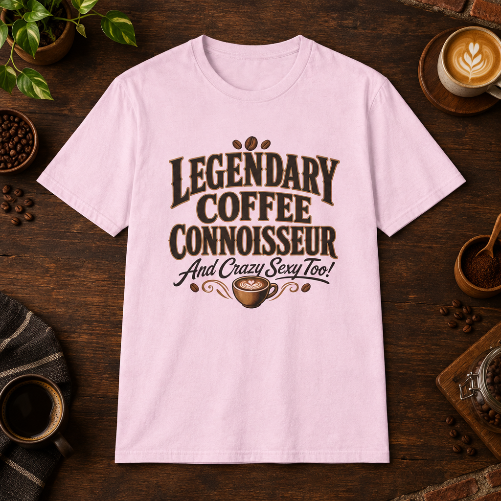 Legendary Coffee Connoisseur T-Shirt in Light Pink, coffee bar flat lay mockup
