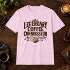 Legendary Coffee Connoisseur T-Shirt in Light Pink, coffee bar flat lay mockup