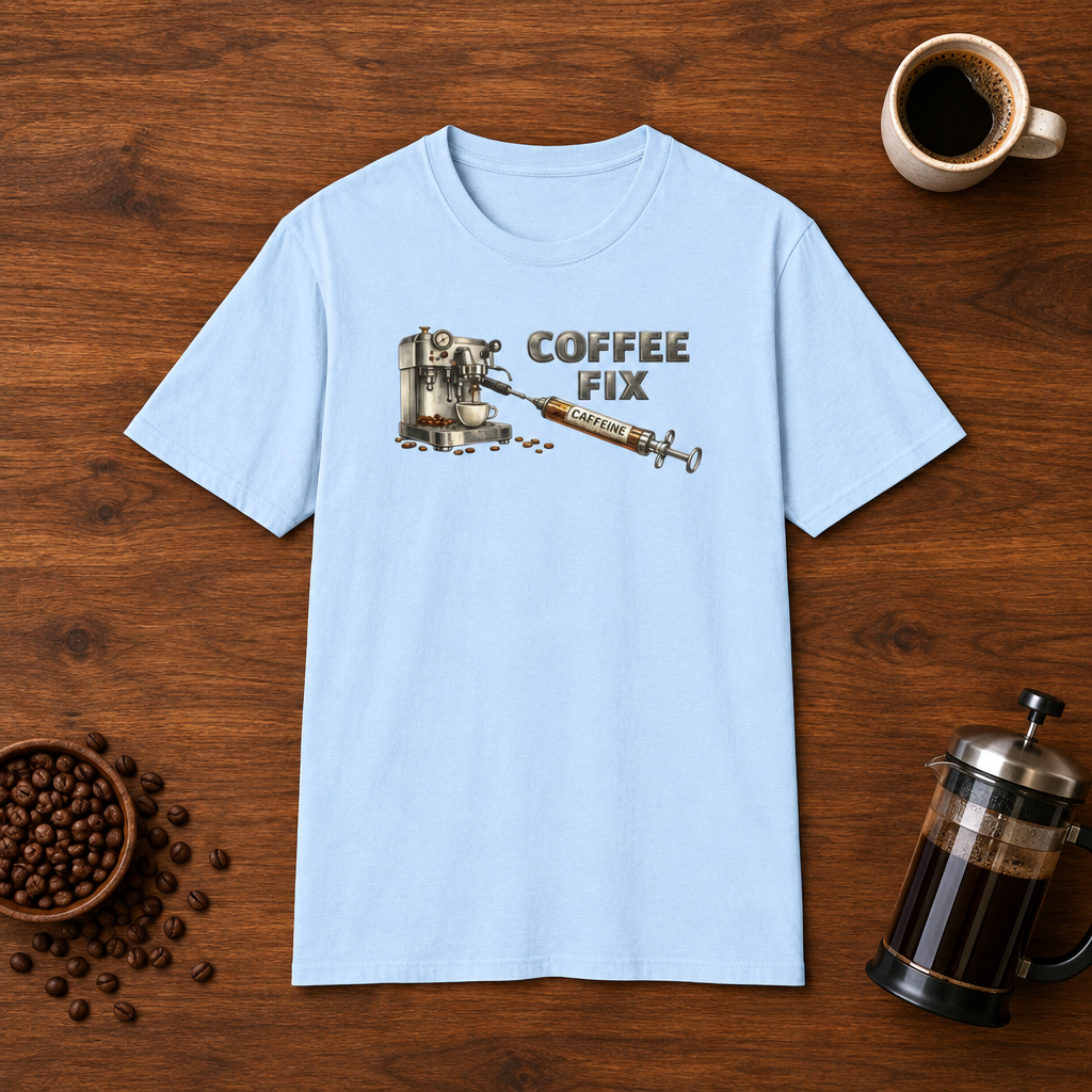 Coffee Fix T-Shirt Light Blue coffee-bar flat lay
