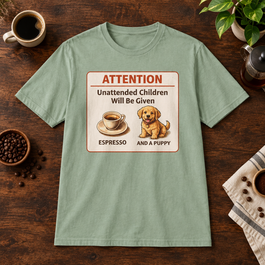 Espresso and Puppies T-Shirt Sage short-sleeve coffee-bar flat lay